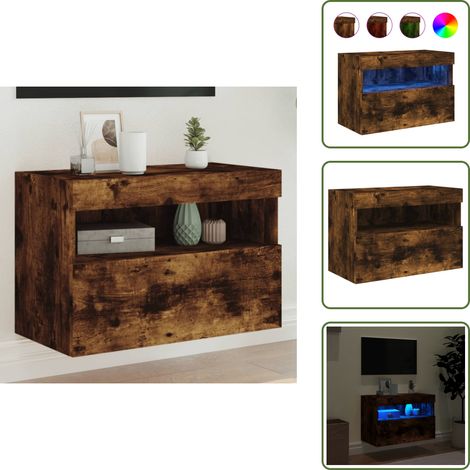 The Living Store Meuble TV mural avec lumières LED chêne fumé 60x30x40 cm - Meuble Tv Mural - Armoire Tv Suspendue - Étagère Murale - Éclairage Led Rgb - Rangement Mural (1/5)