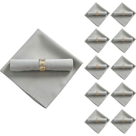 Lot de 10 serviettes de table en polyester 48 x 48 cm, gris argenté, pour restaurant, mariage et banquet. (1/4)