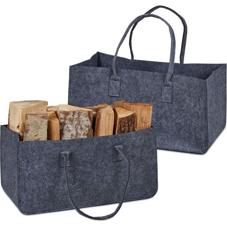 Relaxdays Kaminholztasche aus Filz, 2er Set, 28 l Volumen, XXL Filztasche, für Kaminholz, Brennholztasche, dunkelgrau