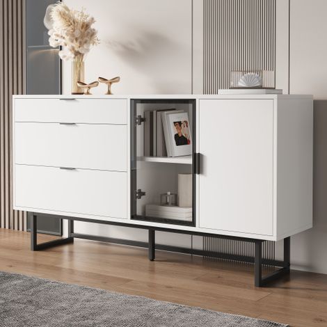 Buffet avec 3 tiroirs, portes vitrées et led, blanc et noir, en MDF, 160 x 36 x 78 cm (1/5)