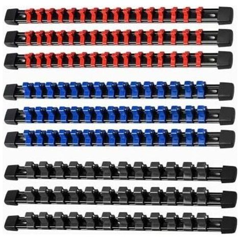 Set mit 9 Aufbewahrungsschienen für 1/2" (12,7 mm), 3/8" (10) und 1/4" (6,3 mm) Steckschlüssel, 129 Clips, Garagen- und Werkstatt-Organizer - 9-teilig (1/4" & 1/2") (1/5)