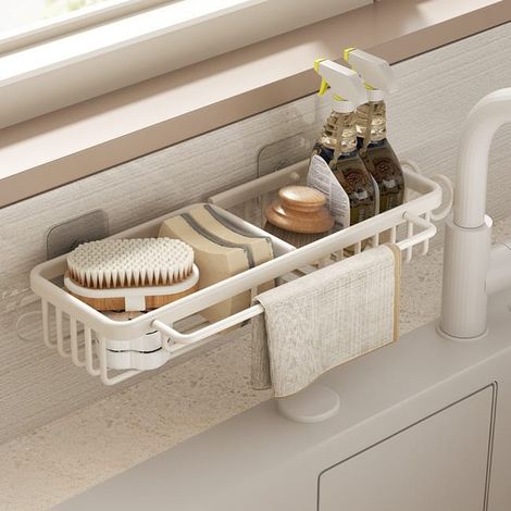 Étagère de cuisine blanche sans perçage – Support évier compact 37,5×12×6 cm pour éponges, chiffons et lingettes, aluminium durable