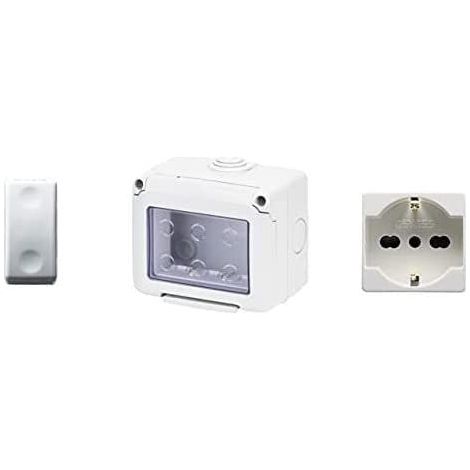 GEWISS - DY01004 Contenitore per apparecchi 27 Combi protetto 3 Posti grigio RAL 7035 IP55 con Nr. 1 Presa Schuko bianca, Nr. 1 Interruttore bianco (1/2)