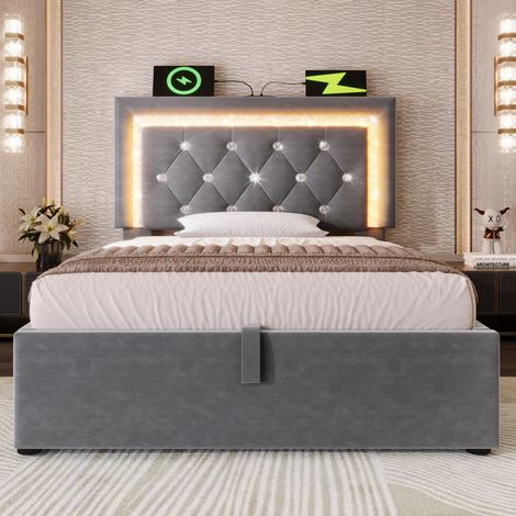 Polsterbett 90x200 cm aus grauem Samt mit LED, USB- und USB-C-Anschlüssen HAVRYA (1/5)