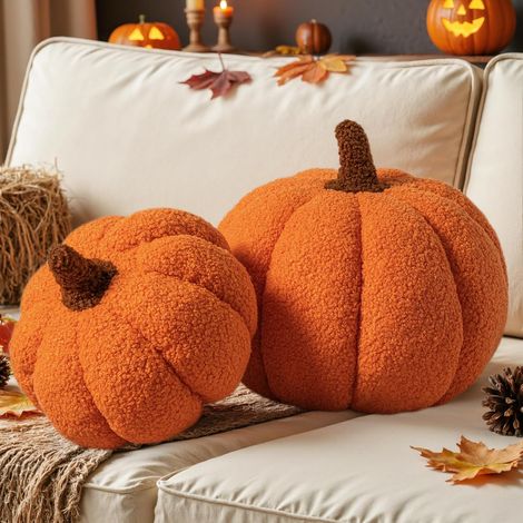 Lot de 2 coussins citrouille d'automne – Coussins décoratifs 3D en polaire sherpa douce pour canapé ou lit (Thème Halloween, automne, Thanksgiving) – Orange (32 x 22 cm et 23 x 18 cm) (1/5)