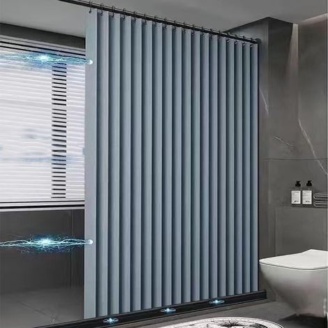Rideau de douche occultant magnétique pliable en lin avec crochets métalliques, anti-moisissure et anti-éclaboussures, pour hôtel–bleu– 220 x 200 cm (1/5)