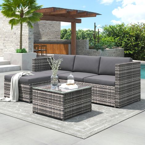 Mobilier d'extérieur pour terrasse en résine tressée grise, canapé d'angle avec coussins, pouf et table en verre trempé (1/5)