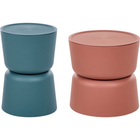 Conjunto de 2 mesitas auxiliares modernas de material sintético para terraza resistentes a la oxidación y al agua naranja y verde azulado Atacama (1/5)