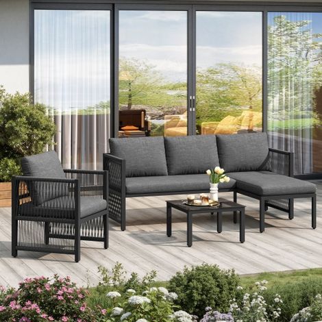 Garden Set with Tempered Glass Coffee Table, Convertible 4-5 Seater Polyester Rope Patio Set with Lounge Sofa and Armchairs, Weatherproof Outdoor Patio Corner Sofas for Balcony and Terrace, Grey
