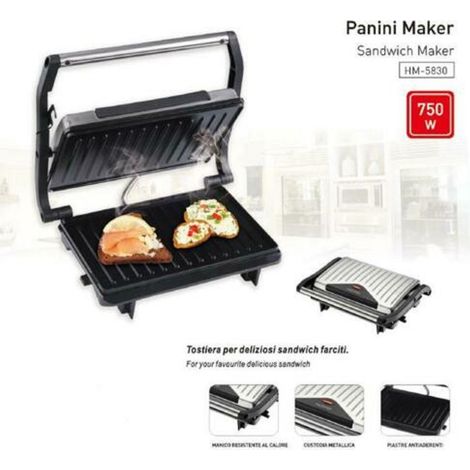 TrAdE Shop Traesio - Bistecchiera Elettrica Piastra Per Panini 750 Watt Toast Con Apertura Basculante -