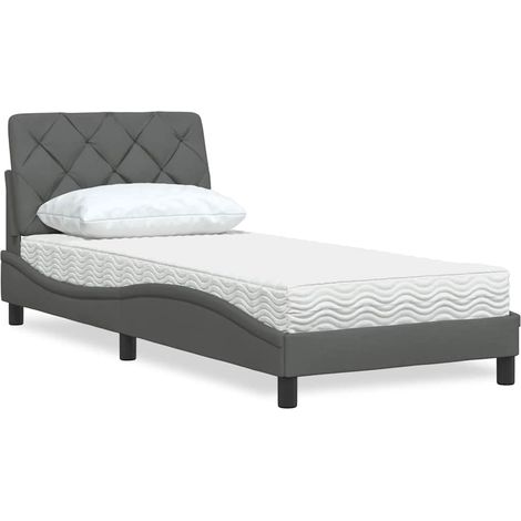 Lit 90 x 190 cm avec matelas et tête de lit, tissu gris foncé, sommier à lattes - PANGIVO (1/5)