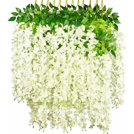 12 Pcs Fleurs Artificielles Faux Wisteria Vigne Guirlande Suspendue Romantique Glycine Fleurs pour Mariage Arche Arrangement (Blanche) BLOW (1/5)