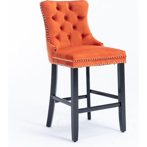 Tabouret de bar en velours moderne, piètement en bois, garniture clous chromés, capitonné à boutons, style lounge, chaise haute pour comptoir, lot de 2, orange (1/5)