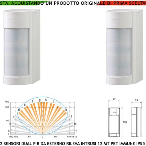 Infrarosso dual PIR Esterno Due Sensori di Movimento Grandangolo Con Filtri a Tenda Portata 12 MT Regolabile Via Filo Relè Allarme Protezione Contro Intrusi Aliment. 12 V Assorb. 20 mA Cover ABS IP55 (1/4)