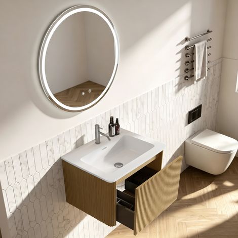 Ensemble meuble salle de bain miroir, plan vasque 60 cm meuble bas suspendu prémonté, meuble strié 1 tiroir, miroir LED rond 60 cm, coloris chêne (1/5)