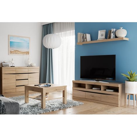 Wohnzimmer Set mit TV Möbel und Couchtisch SANFORD-129 in Eiche hell Nb. (1/5)
