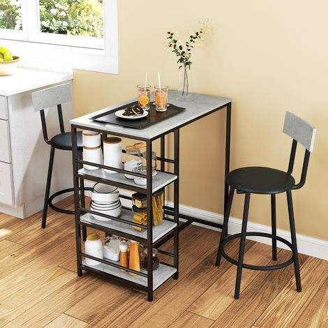 Ensemble table de bar avec 2 tabourets et étagères de rangement pour salle à manger, cuisine, gris et noir