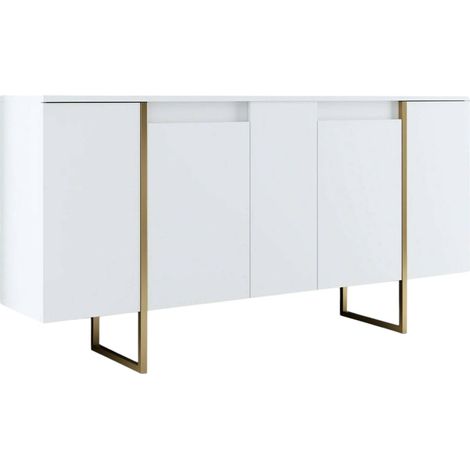 Dmora - Credenza Betel, Buffet da soggiorno, Madia da salotto, Dispensa da cucina, 160x35h80 cm, Bianco e Oro, con imballo rinforzato, con imballo rinforzato (1/5)