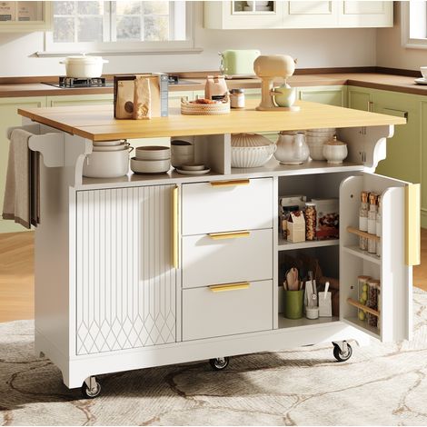 Isla de cocina móvil con extensiones plegables, 3 cajones, MDF, blanca (1/5)