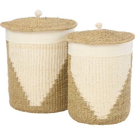 Set de 2 paniers avec couvercle naturel - blanc et naturel (1/4)