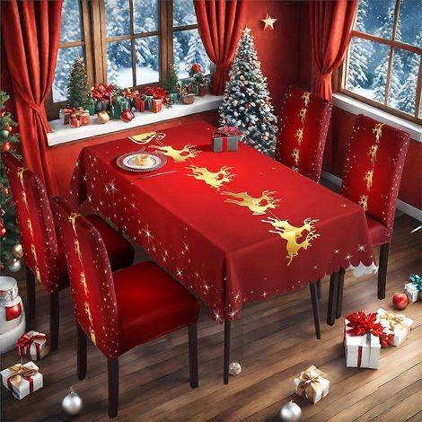 Ensemble TC-9 (nappe imperméable rouge classique avec motif d'élan de Noël + 4 housses de chaises) (1/4)