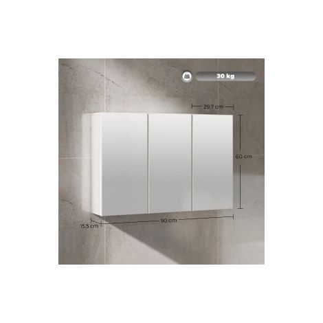 Armoire de toilette blanche en panneau de particules avec 3 portes miroir et fixation murale pour salle de bains et toilettes (1/5)