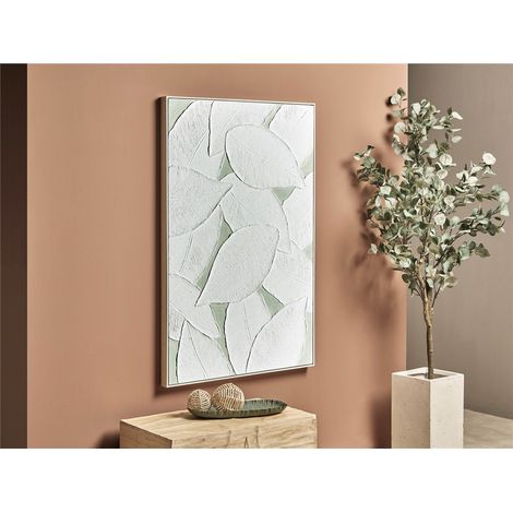Abstraktes Ölgemälde mit Reliefblättern auf weißem Papier mit Rahmen 82x122 cm. 82x5x122 cm (1/3)