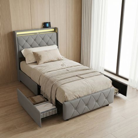 Letto singolo 90x200, 2 cassetti, letto per bambini, letto imbottito con LED e stazione di ricarica USB/Type-C, testiera con contenitore, velluto, design moderno, Grigio