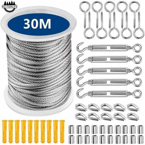 Corde à linge en acier inoxydable pour l'extérieur, câble métallique à suspendre de 30 m, pour étendage du linge au balcon et en terrasse (1/5)