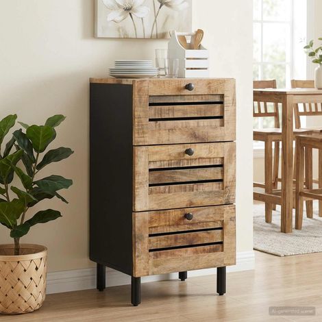 Meuble de rangement média en bois de manguier massif naturel, 3 tiroirs, 40 x 33 x 75 cm - PANGIVO (1/5)