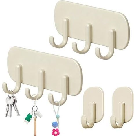 Crochets Magnétiques en Crème 4 Pièces, 2 avec 3 Crochets, 1 Crochet, Fixation Sans Perçage, Aimant Puissant, pour Serviettes, Clés, Tabliers, Organisation Cuisine, Réfrigérateur - (1/5)