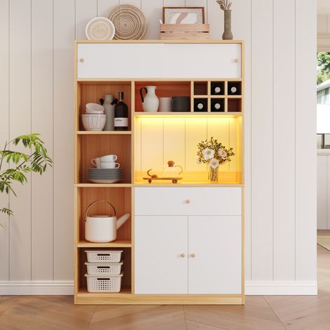 Buffet 115x180 cm, mobile multifunzionale per cucina con LED, 1 cassetto, 3 porte e ripiani di stoccaggio - Bianco e legno naturale (1/5)