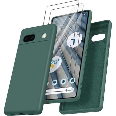 Coque pour Google Pixel 7a + [2 Pièces] Verre Trempé écran Protecteur, [Ultra Mince] Étui Souple de Silicone TPU- Vert foncé-Ywey (1/5)