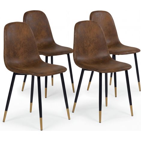 FurnitureR 4er Set Esszimmerstühle, Skandinavisch Faux Wildleder gepolstert Metall für Küche, Esszimmer, Wohnzimmer, Beine aus schwarzem Gold, braune Sitze (1/5)