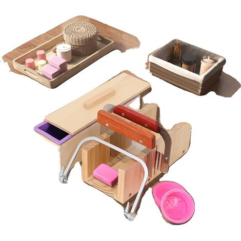 Juego de 9 moldes para jabón, cortador de alambre ajustable, material de madera de pino, capacidad del molde de silicona de 1,4 L, no tóxico. (1/5)