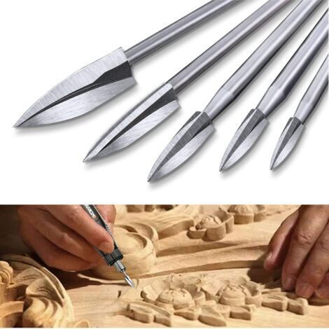 Mèches de Gravure sur Bois, 5 Pcs Ensemble d'Outils de Sculpture pour Accessoires d'Outils Rotatifs avec une Tige de 1/8 pouce Adaptation Universelle (1/4)