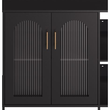 Buffet d'entrée moderne bois, portes verre, poignées métalliques noir (1/5)