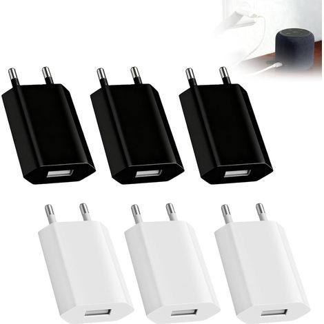 6Pcs Prise, Chargeurs USB 5W, 5V/1A Mini de Chargeur Secteur USB, Prise Secteur, Chargeurs pour Appareils Electriques à Faible Consommation, Noir, Blanc (1/5)