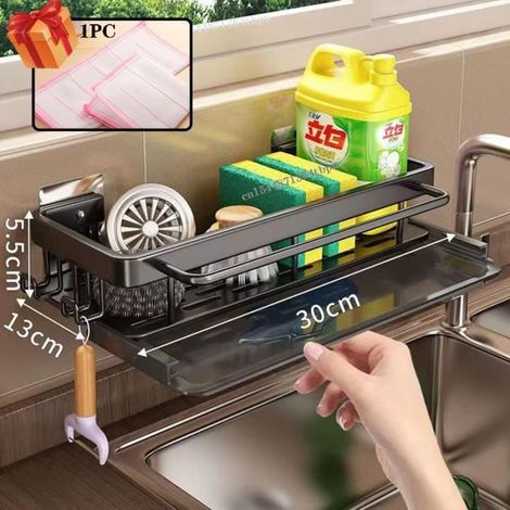 Un noir - Égouttoir d\'évier en aluminium T1, espace de rangement de cuisine, éponge de proximité, étagère à l (1/4)
