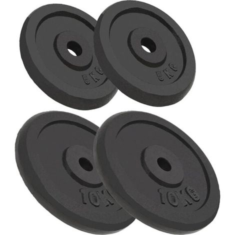 Quatre plaques de contrepoids, 2 x 10 kg + 2 x 5 kg, en fonte.