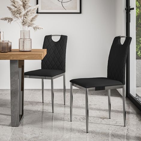 Set Of 2 Monza Faux Leather Dining Chair Modern Padded Seat Chrome Legs Kitchen (Black) (1/5)