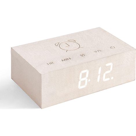 Ce réveil LED à clapet est doté d'un réveil à commande vocale, d'une batterie rechargeable, de commandes tactiles gravées au laser et d'une variété de finitions en bois, dont l'érable blanc. (1/5)