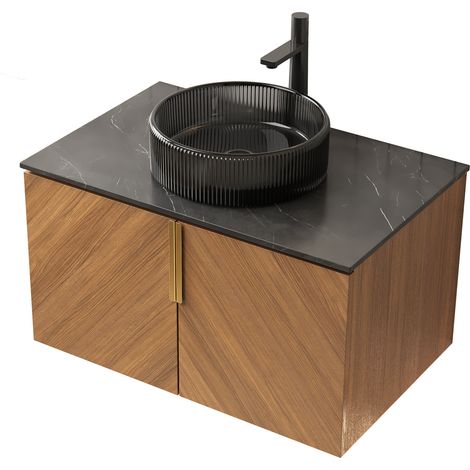 Mueble de baño con lavabo moderno 76 cm con encimera de piedra sinterizada, 2 puertas, roble marrón (1/5)