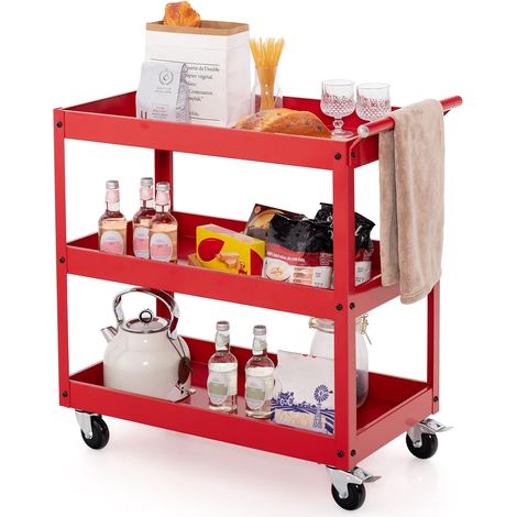 GOPLUS Chariot à Outils 3 Niveaux avec 4 Roues Universelles et Poignée Latérale, Porte-Serviettes, Servante d'Atelier Roulant pour Garage, Salle de Bain, Entrepôt, 76 x 38 x 76 cm,Noir (Rouge) (1/5)