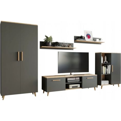 FURNITURE NORD Wohnwand Artisan Eiche/Anthrazit WOHNZIMMER Skandinavischer Stil (1/4)