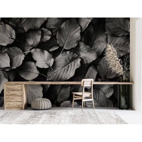 Papier peint nature - feuilles de forêt en noir et blanc - 150 x 250 cm (1/2)
