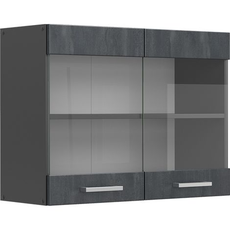 Vicco – Meuble de cuisine haut vitré R-Line – Béton noir – 80 cm L x 60 cm H x 31 cm P – Panneau de particules 16 mm – Revêtement mélamine