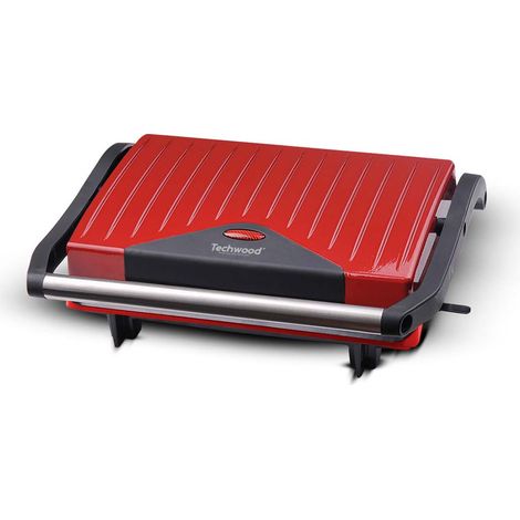 Panini Grill Rouge 750 W avec pieds anti dérapant, Plaque grill anti-adhésive - Techwood TPG-755