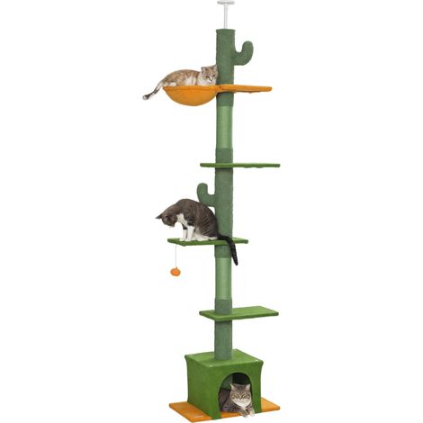 Arbre à chat, hauteur 275cm, 6 niveaux pour chat d'intérieur, du sol au plafond, avec plate-formes, niche, hamac, vert (1/5)