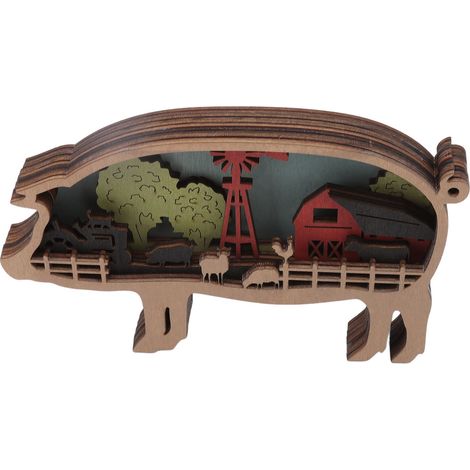 Ornement animal en bois, sculpture sur bois multicouche, découpes artisanales pour décoration murale, cochon avec lampe à piles (1/5)